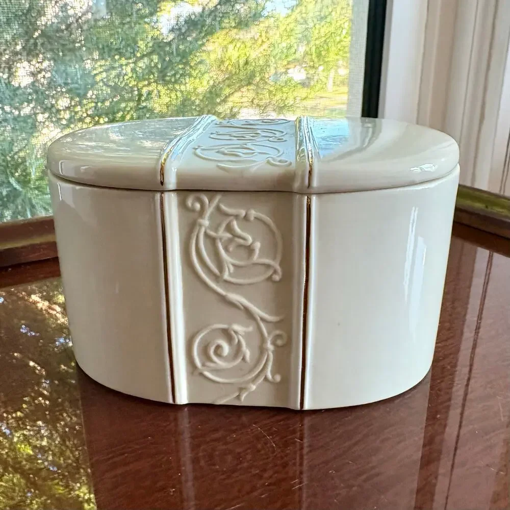 Vintage Croscill White Ceramic Trinket Box Oval with Gold Trim Scrolls